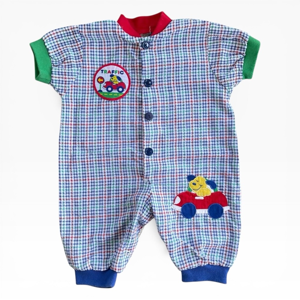 Vintage Baby Romper With Embroidered Dog & Car Color Block Primary Retro 3-6mo